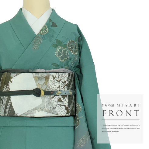 訪問着 リサイクル 身丈159.2cm 裄65.2cm 袷 向かい鳥華紋柄 刺繍 グリーン Mサイズ セミフォーマル お洒落 正絹 広衿 Sランク