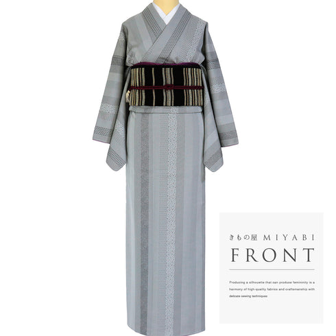 小紋 リサイクル 身丈152.3cm 裄66.4cm 袷 梅織り出し 縞柄 地紋 グレー Sサイズ お洒落 しつけ糸 正絹 広衿 Sランク