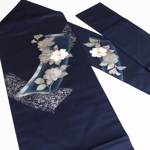 名古屋帯 リサイクル 帯丈351.5cm ポイント柄 花柄 金彩 刺繍 ネイビー Sサイズ 正絹 Sランク お洒落 カジュアル