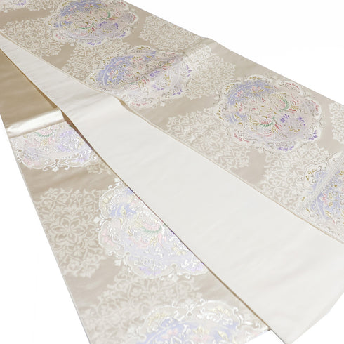 袋帯 リサイクル 帯丈418cm 六通 鳳凰に華紋柄 ベージュ SSサイズ 正絹 新品・未使用品 フォーマル セミフォーマル