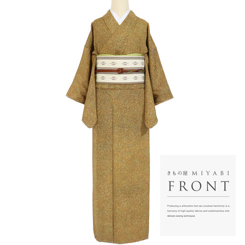 小紋 リサイクル 身丈161.7cm 裄62.4cm 袷 氷割れ柄 たたき イエロー Lサイズ お洒落 カジュアル 正絹 広衿 Aランク