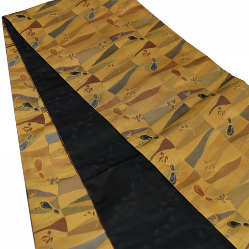 京袋帯 リサイクル 帯丈384cm 全通 幾何学にひょうたん柄 ブラウン Lサイズ ポリエステル Sランク お洒落 カジュアル