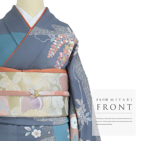 訪問着 リサイクル 身丈165.7cm 裄68.4cm 袷 菊柄 金駒刺繍 絞り 重ね衿付き ブルー LLサイズ セミフォーマル 正絹 広衿 Sランク