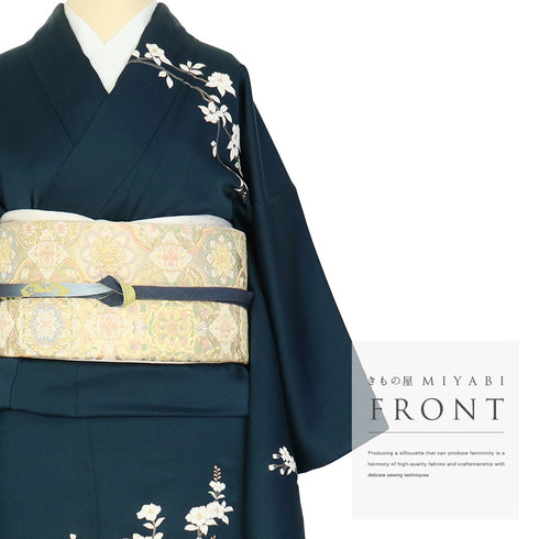 付下げ リサイクル 身丈156.7cm 裄62.6cm 袷 椿や花枝模様 箔加工 パールトーン加工 ネイビー Mサイズ フォーマル セミフォーマル 正絹 広衿 Aランク