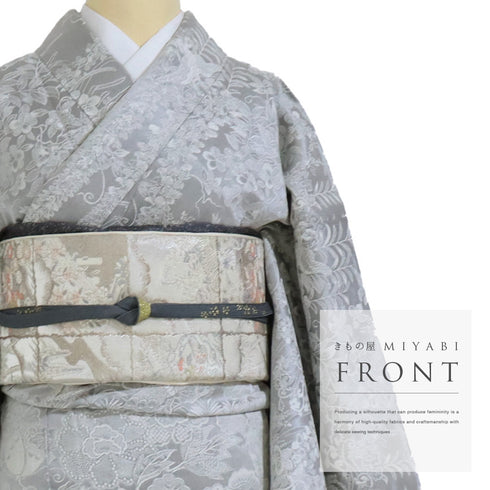 訪問着 リサイクル 身丈163.5cm 裄66cm 袷 鳳凰に花や蝶柄 山岡古都 天目織 グレー Lサイズ お洒落 正絹 広衿 Aランク