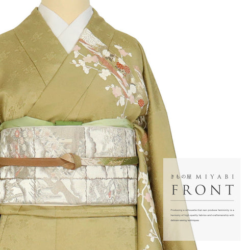 訪問着 リサイクル 身丈156cm 裄63.6cm 袷 たちばなに梅や花木柄 金駒刺繍 イエロー Mサイズ セミフォーマル お洒落 正絹 広衿 Sランク