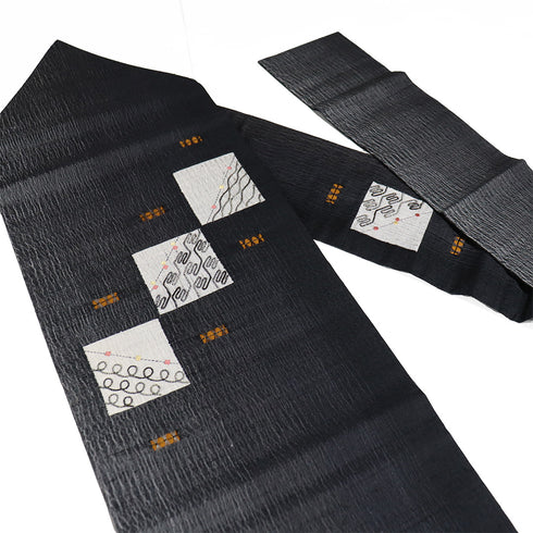 名古屋帯 リサイクル 帯丈383cm ポイント柄 四角にコード刺繍 ドロンワーク 縦ぼかし ブラック Lサイズ 不明 Sランク お洒落 カジュアル
