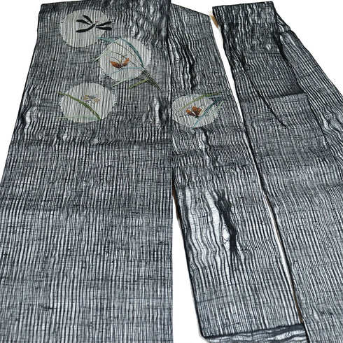 名古屋帯 リサイクル 帯丈369.5cm ポイント柄 9寸 夏物 とんぼ柄 ブラック Mサイズ 不明 Bランク カジュアル