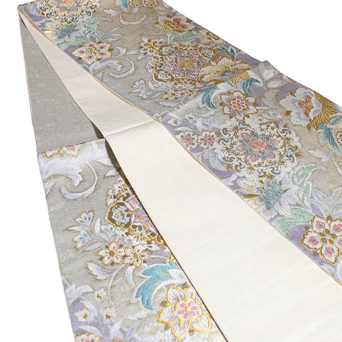 袋帯 リサイクル 帯丈432cm 六通 優彩華更紗 シルバー Sサイズ 正絹 Sランク フォーマル セミフォーマル