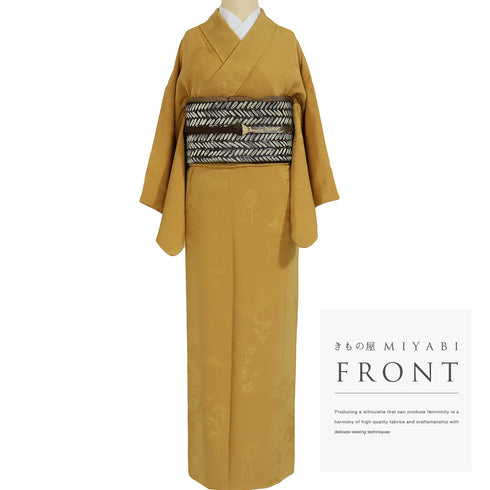 色無地 リサイクル 身丈153.5cm 裄63cm 袷 山に木立柄 イエロー Sサイズ セミフォーマル 一つ紋 正絹 広衿 地紋あり Sランク