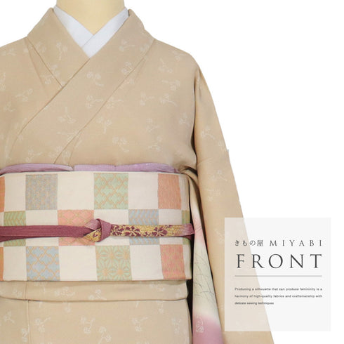 訪問着 リサイクル 身丈156cm 裄64.4cm 袷 草花柄 ベージュ Mサイズ セミフォーマル お洒落 一つ紋 正絹 広衿 Sランク