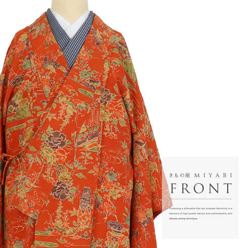 道中着 リサイクル 身丈131.2cm 裄64.8cm 袷 ロング丈 花や鳥柄 オレンジ Mサイズ お洒落 正絹 Sランク