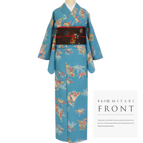 小紋 リサイクル 身丈161cm 裄64.6cm 袷 青海波に花柄 笹柄 ブルー Lサイズ カジュアル お洒落 不明 広衿 Bランク