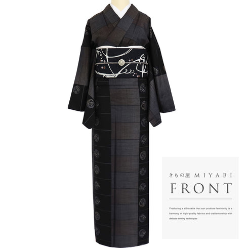 紬 リサイクル 身丈170.8cm 裄70.6cm 袷 丸に松竹梅柄 ブラック LLサイズ お洒落 カジュアル 正絹 広衿 Sランク