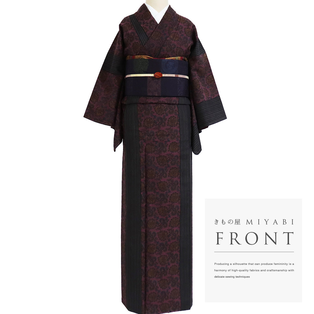 リサイクル着物 紬 袷 身丈160.5cm 裄63.4cm 縞と花唐草模様