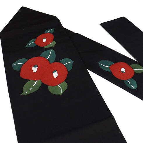 名古屋帯 リサイクル 帯丈379cm ポイント柄 椿柄 浜紬 型染め 竹久夢二 名作シリーズ ブラック Mサイズ 正絹 新品・未使用品 お洒落 カジュアル