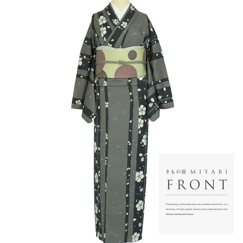 小紋 リサイクル 身丈168.5cm 裄70.2cm 単衣 桜柄 グリーン LLサイズ カジュアル ポリエステル 洗える着物 広衿 Sランク