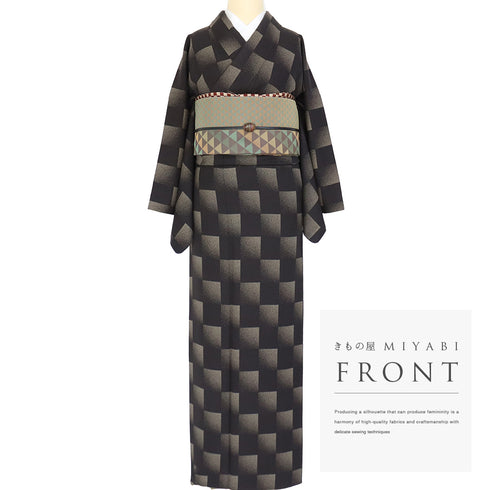 小紋 リサイクル 身丈162.8cm 裄66.4cm 袷 市松や石畳柄 たたきやぼかし柄 地紋 ブラック Lサイズ カジュアル お洒落 正絹 広衿 Aランク