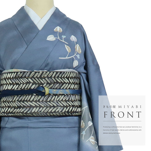 訪問着 リサイクル 身丈155cm 裄63.6cm 袷 葵の葉柄 箔 ブルー Sサイズ セミフォーマル 一つ紋 正絹 広衿 Sランク