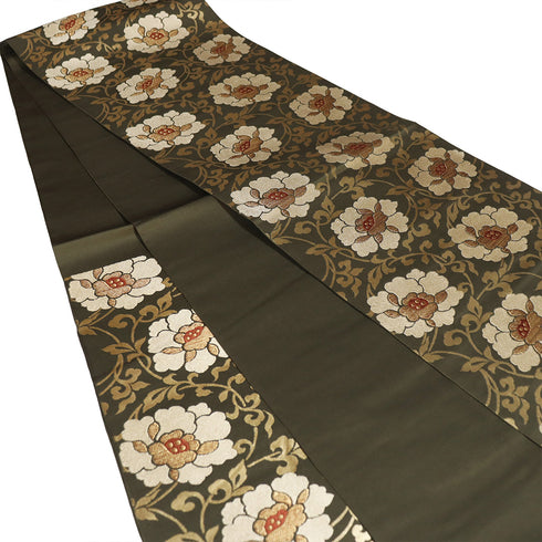 袋帯 リサイクル 帯丈432cm 六通 牡丹唐草柄 徳扇 グリーン Sサイズ 正絹 Sランク セミフォーマル お洒落