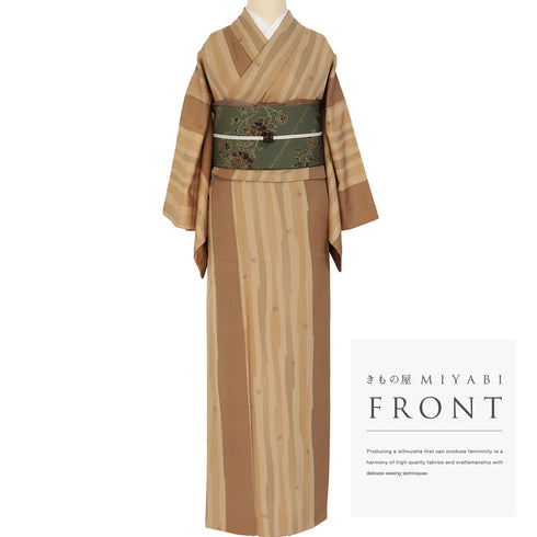 小紋 リサイクル 身丈158.8cm 裄64.4cm 袷 デザイン縞模様 瓢箪柄 ブラウン Mサイズ お洒落 カジュアル 正絹 広衿 Sランク