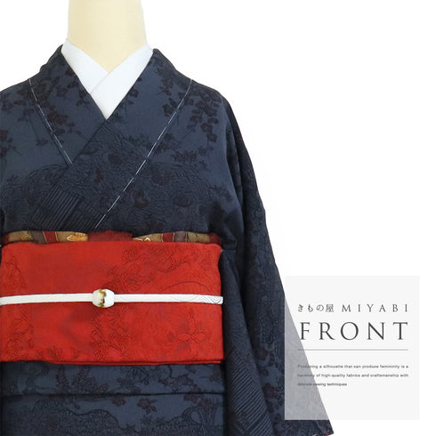 付下げ リサイクル 袷 付下げ小紋柄 紅型調柄 ネイビー 規格外サイズ お洒落 正絹 広衿