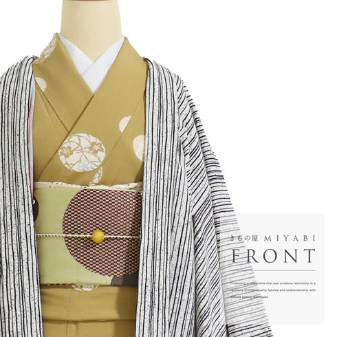 羽織 リサイクル 身丈102.5cm 裄63.8cm 袷 ロング丈 デザイン縞 たたき アイボリー Sサイズ お洒落 カジュアル 正絹 Sランク