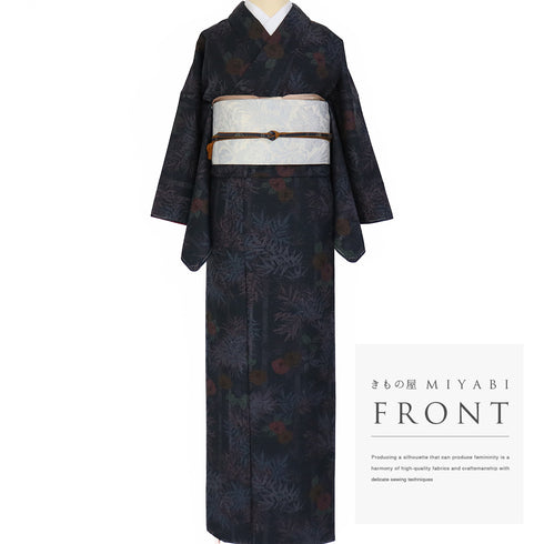 紬 リサイクル 身丈159.4cm 裄64.4cm 袷 染め紬 竹や椿柄 ネイビー Mサイズ お洒落 カジュアル しつけ糸 正絹 広衿 Sランク