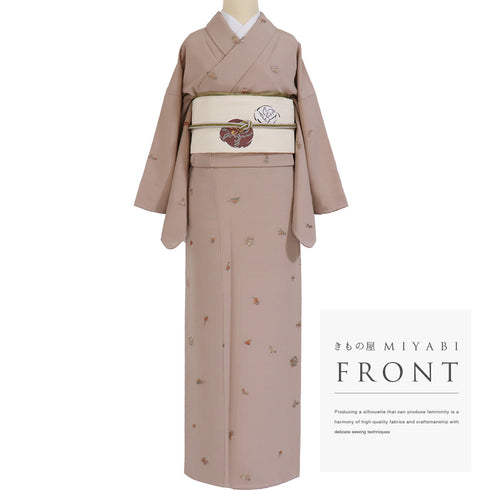 小紋 リサイクル 身丈163.2cm 裄66cm 袷 花などの小花散らし柄 手刺繍 パールトーン加工 ブラウン Lサイズ お洒落 正絹 広衿 Sランク