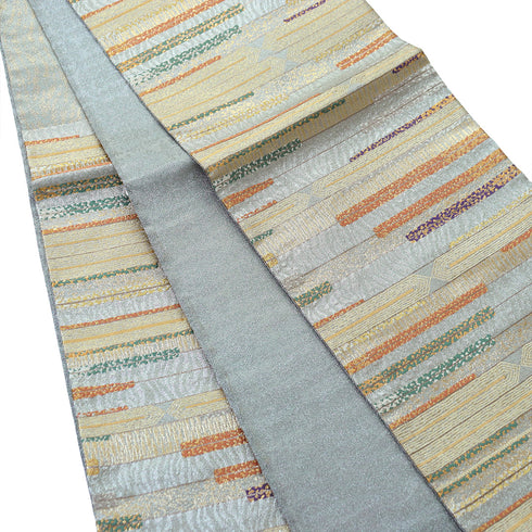 袋帯 リサイクル 帯丈436cm 六通 横段模様 シルバー Mサイズ 正絹 Sランク フォーマル