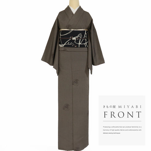 小紋 リサイクル 身丈65.2cm 裄67.4cm 袷 お召し 縞模様 葡萄柄 ブラウン 規格外サイズ お洒落 正絹 広衿 Sランク