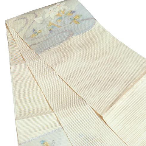 名古屋帯 リサイクル 帯丈389cm ポイント柄 夏用 流水に花柄 アイボリー Lサイズ 正絹 Aランク お洒落