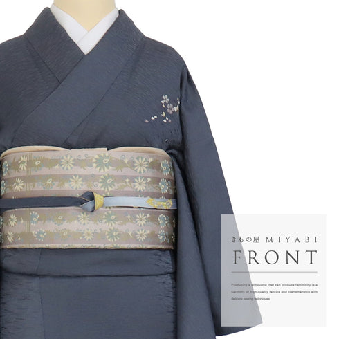 付下げ リサイクル 身丈153.2cm 裄62.8cm 袷 雪輪に宝尽くし柄 枝垂れ桜柄 金駒刺繍 ネイビー Sサイズ セミフォーマル お洒落 正絹 広衿 Aランク