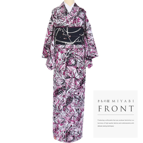 小紋 リサイクル 身丈158cm 裄64.4cm 袷 南国リーフ柄 グレー Mサイズ お洒落 カジュアル 正絹 広衿 Sランク