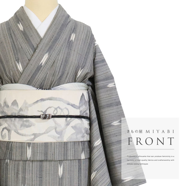 紬 リサイクル 身丈163.5cm 裄68.2cm 袷 デザイン縞模様 グレー Lサイズ カジュアル お洒落 証紙 正絹 広衿 Sランク