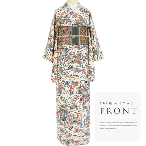 小紋 リサイクル 身丈157.3cm 裄65.6cm 袷 青海派 露芝 花車 蝶々 アイボリー Mサイズ お洒落 カジュアル 正絹 広衿 Sランク