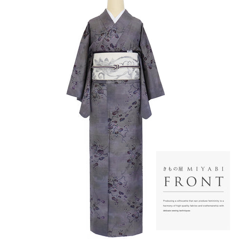 紬 リサイクル 身丈159cm 裄63.4cm 袷 草木柄 パープル Mサイズ カジュアル お洒落 正絹 広衿 Aランク