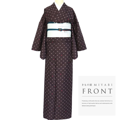 小紋 リサイクル 身丈167.8cm 裄67.5cm 袷 デザイン菱形模様 ブラウン LLサイズ お洒落 カジュアル ポリエステル 洗える着物 広衿 Sランク