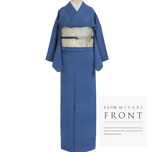 色無地 リサイクル 身丈160.5cm 裄64.4cm 袷 花菱柄 ブルー Lサイズ セミフォーマル お洒落 一つ紋 正絹 広衿 地紋あり Bランク