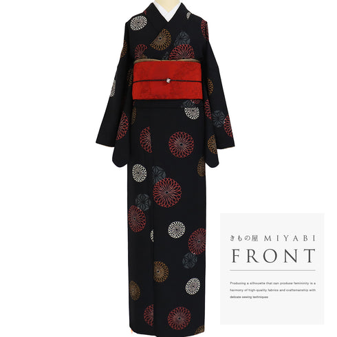 小紋 リサイクル 身丈167.7cm 裄69cm 袷 デザイン菊柄 丸に麻の葉柄 既製品 ブラック LLサイズ お洒落 カジュアル ポリエステル 洗える着物 広衿 Aランク