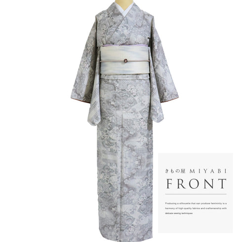 紬 リサイクル 身丈161.3cm 裄65.6cm 袷 地紙に松や花柄 麻の葉柄 グレー Lサイズ カジュアル しつけ糸 正絹 広衿 Sランク