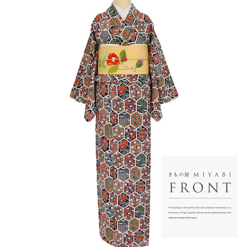 小紋 リサイクル 身丈159.8cm 裄64.8cm 袷 亀甲繋ぎ 草花柄 ネイビー Mサイズ お洒落 カジュアル 正絹 広衿 Sランク