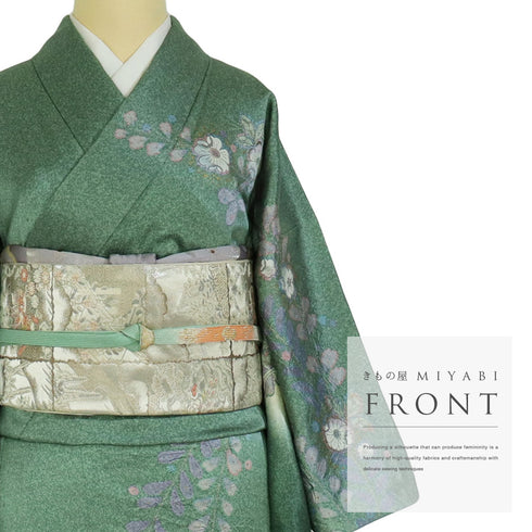 訪問着 リサイクル 身丈166.3cm 裄66cm 袷 ミシン仕立て 後絞り加工 辻が花模様 胴裏化繊 グリーン LLサイズ お洒落 正絹 広衿 Aランク