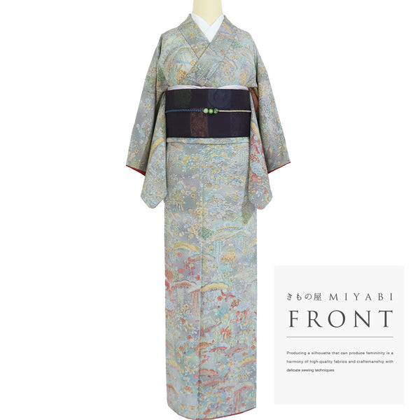 小紋 リサイクル 身丈163.7cm 裄62cm 袷 付け下げ小紋 型染め 松に鳥や藤柄 グレー Lサイズ お洒落 正絹 広衿 Sランク