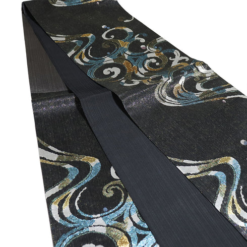 袋帯 リサイクル 帯丈444cm 六通 流水柄 福寿青銅 ブラック Mサイズ 正絹 新品・未使用品 お洒落