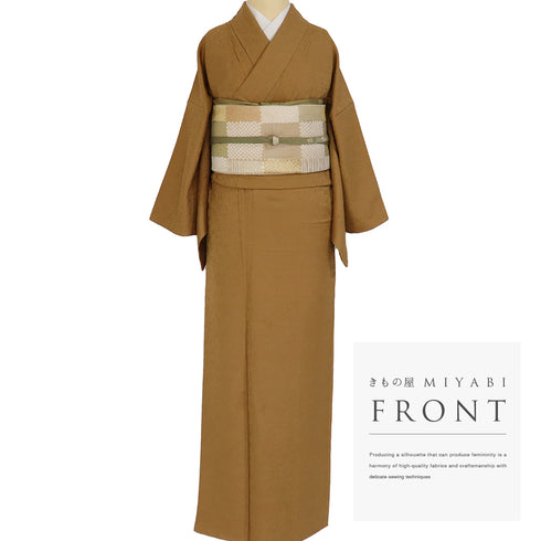 色無地 リサイクル 身丈155.8cm 裄63.6cm 袷 ゆったりサイズ 草花模様 ブラウン Mサイズ お洒落 カジュアル 正絹 広衿 地紋あり Sランク