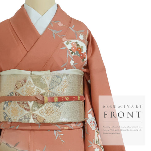 訪問着 リサイクル 身丈160.2cm 裄63.6cm 袷 地紙に花柄 金駒刺繍 ピンク Mサイズ セミフォーマル お洒落 正絹 広衿 Aランク