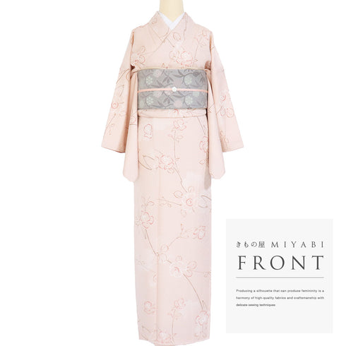 小紋 リサイクル 身丈161cm 裄67.2cm 袷 さくらぼかし柄 花枝柄 パールトーン加工 ピンク Lサイズ お洒落 カジュアル 正絹 広衿 Sランク