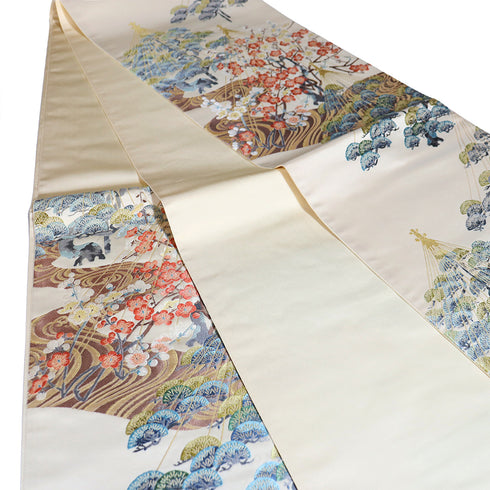 袋帯 リサイクル 帯丈442cm 六通 流水 雪つり 松梅柄 となみ帯 アイボリー Mサイズ 正絹 Sランク フォーマル セミフォーマル