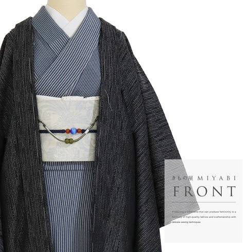 羽織 リサイクル 身丈100cm 裄67.6cm 袷 ロング丈 幾何学柄 地紋 ブラック Lサイズ お洒落 しつけ糸 正絹 未使用品